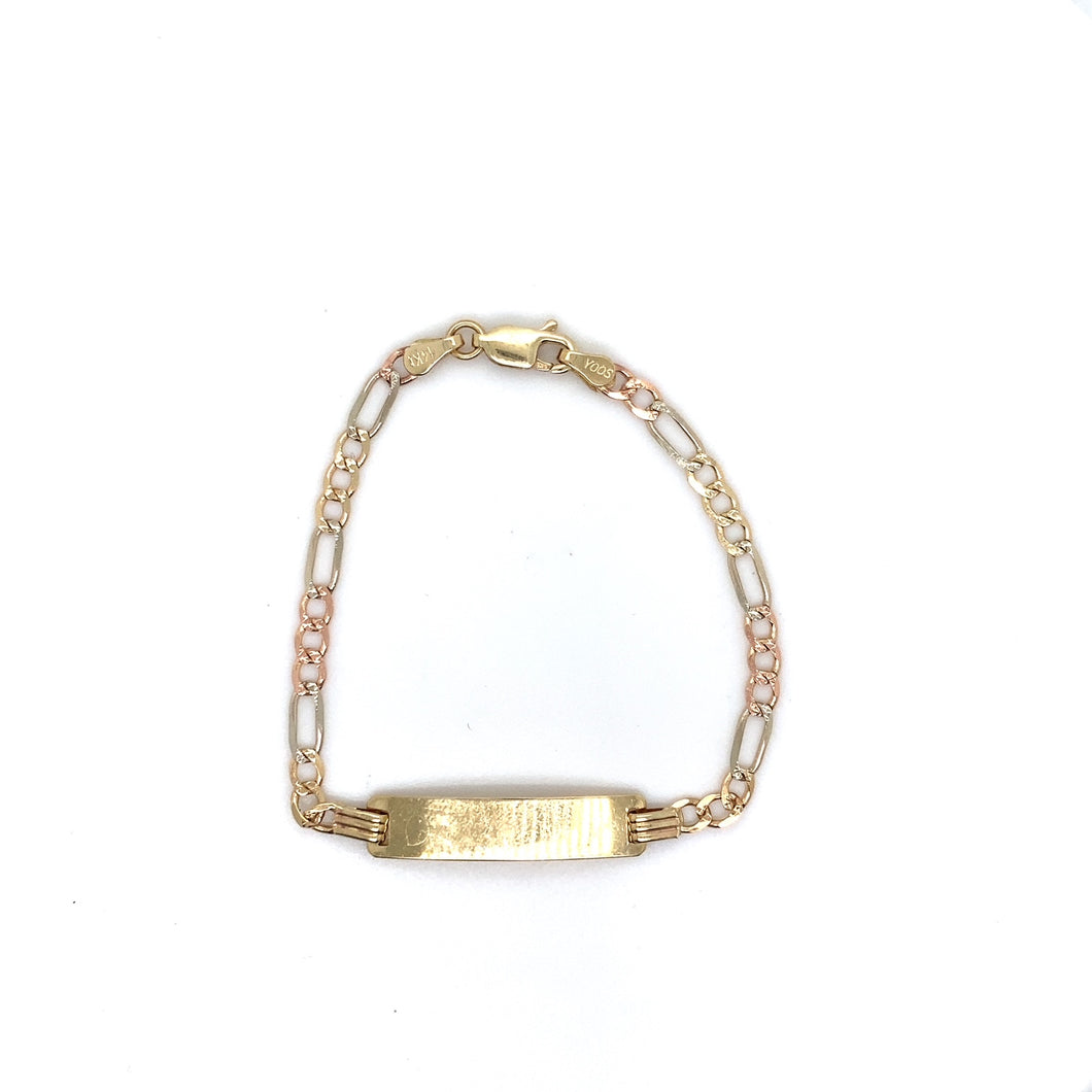 14k Tri Gold Figaro Kids ID Bracelet