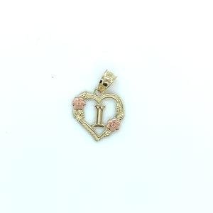 10K Gold Letter Heart and Roses Pendant