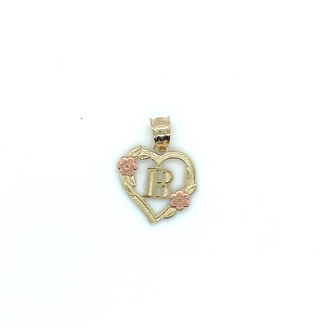 10K Gold Letter Heart and Roses Pendant
