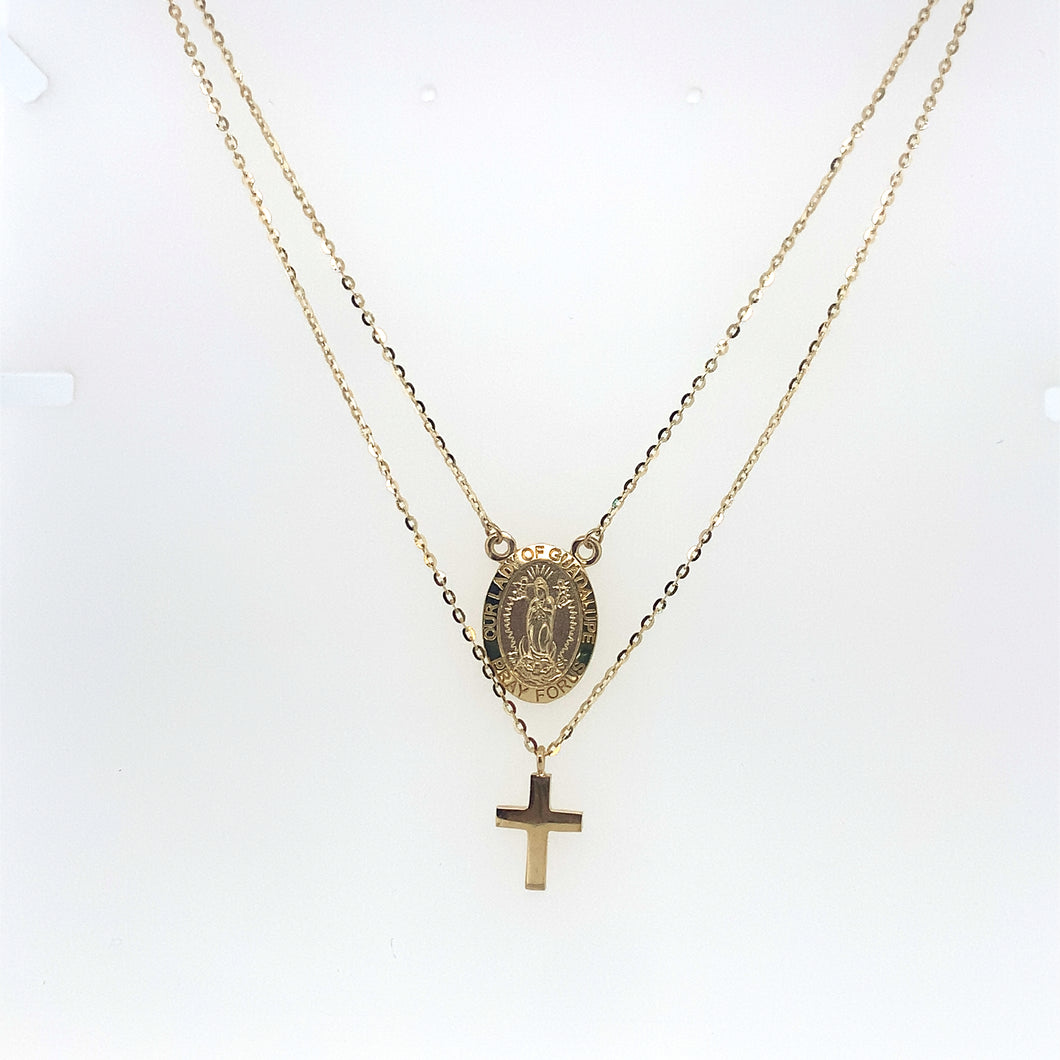 14k Gold Cross and Our Lady of Guadalupe Necklace