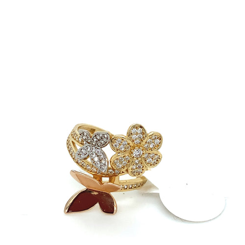 14K Gold Flower and Butterfly Cz Ring
