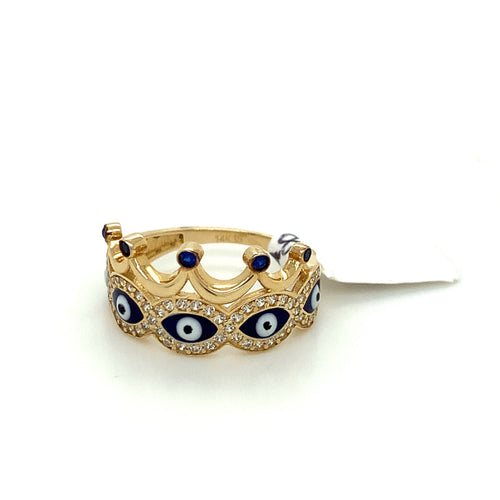 14K Gold Blue Evil Eye Crown Cz Ring