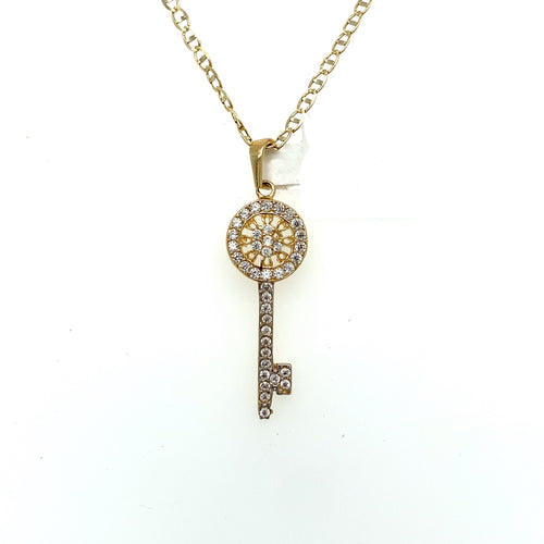 14K Gold Key Cz Pendant