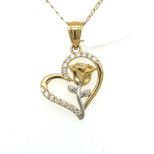 14K Gold Heart and Rose Cz Pendant