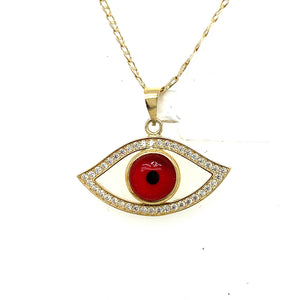 14K Gold Red Evil Eye Cz Pendant