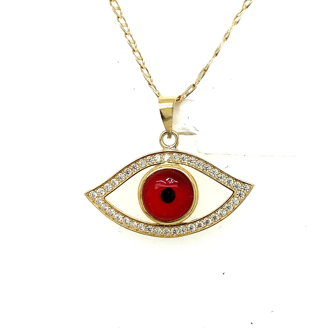 14K Gold Red Evil Eye Cz Pendant