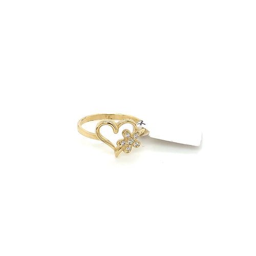 14K Gold Heart and Flower Cz Ring