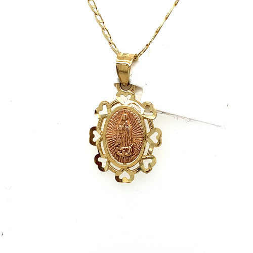 14K Gold Our Lady of Guadalupe Hearts Pendant