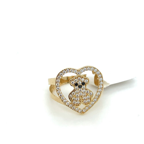 14K Gold Heart Bear Cz Ring