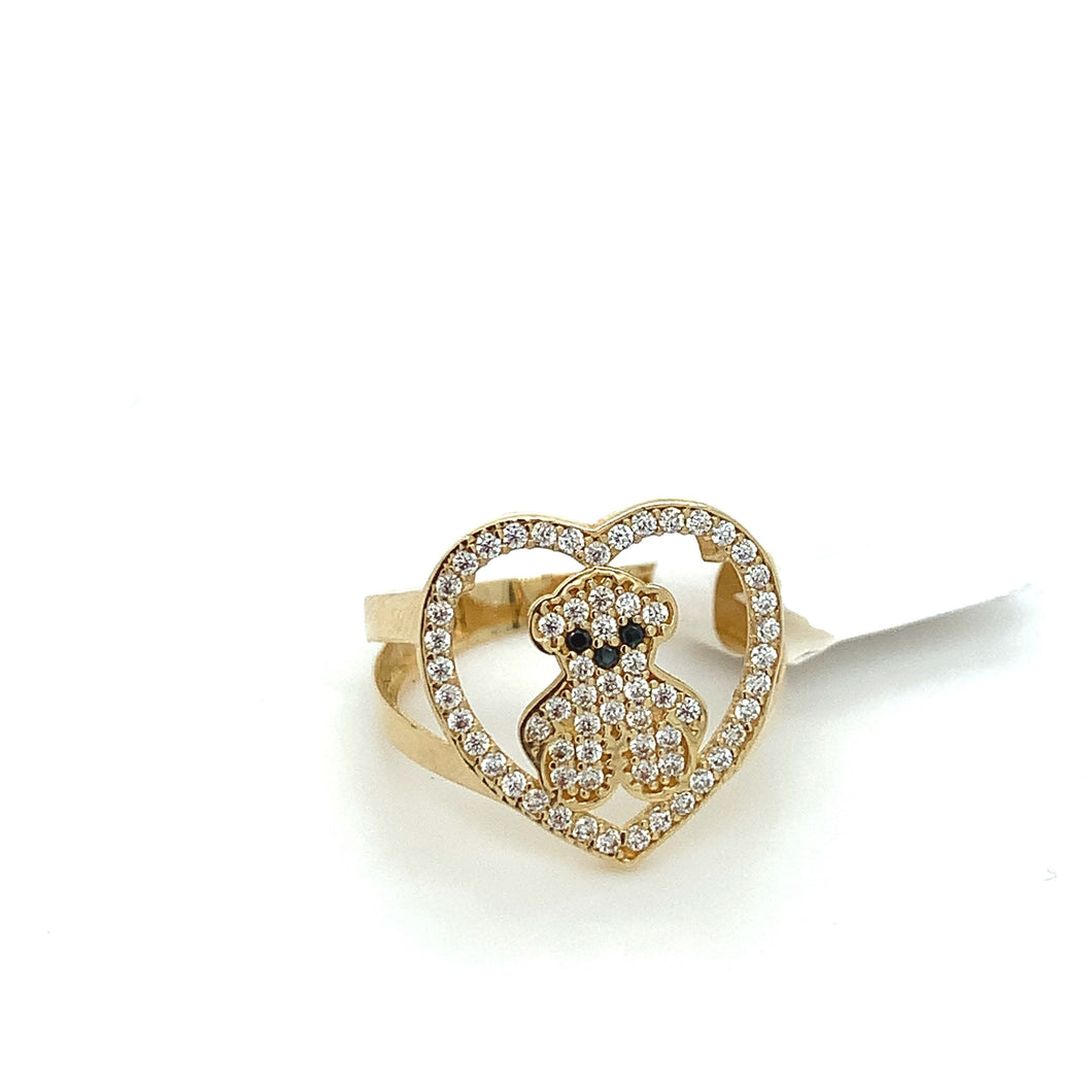 14K Gold Heart Bear Cz Ring