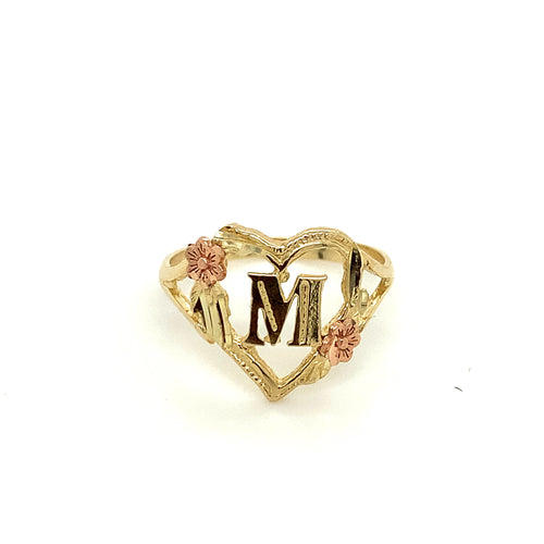 14K Gold Letter M Heart Flower Ring