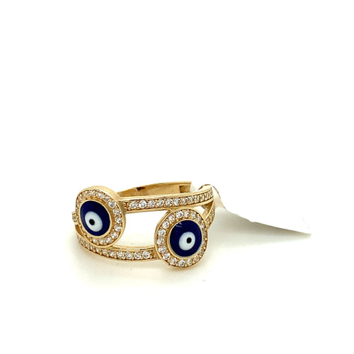 14K Gold Two Blue Evil Eye Cz Ring