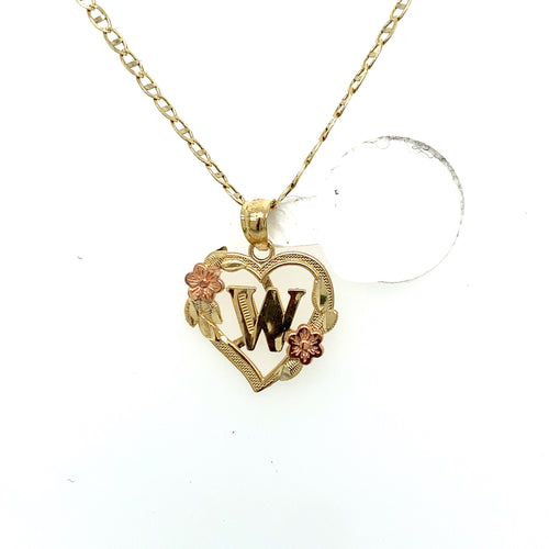 14K Gold Letter W Heart Pendant