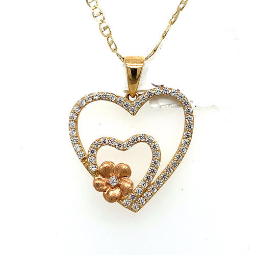 14K Gold Hearts and Flower Pendant
