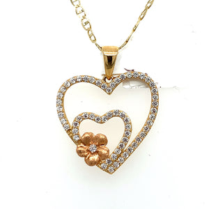 14K Gold Hearts and Flower Pendant