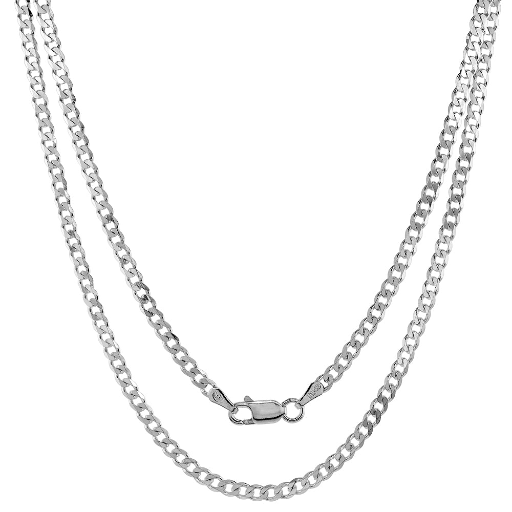 Sterling Silver Curb Cuban Link Chain Necklaces 3mm Beveled Edge Nickel Free Italy, 16-30 inch