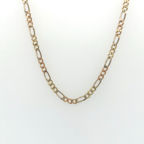 14k Tri Gold Figaro Link Diamond Cut Chain
