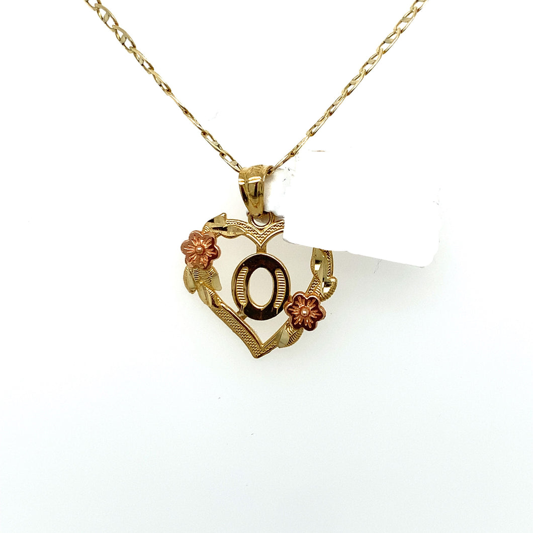 14K Gold Letter O Heart Pendant