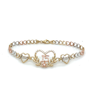 14K Tri Gold "15 years" Hearts Bracelet