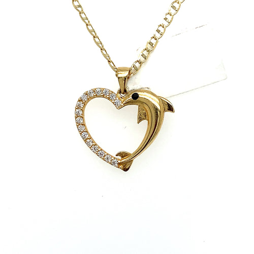 14K Gold Heart and Dolphin Cz Pendant