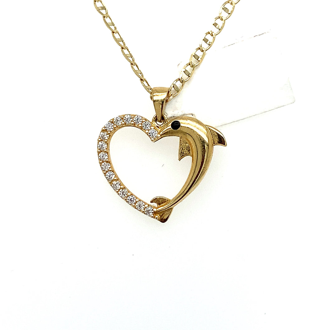 14K Gold Heart and Dolphin Cz Pendant