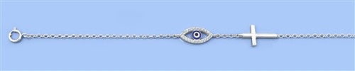 Sterling Silver Evil Eye & Cross Cz Bracelet
