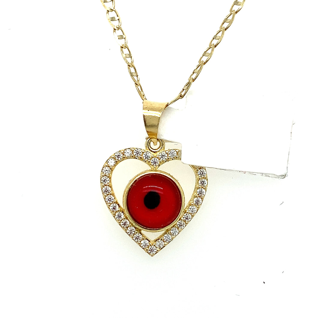 14K Gold Red Evil Eye Heart Cz Pendant