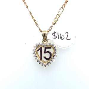 14K Gold "15 years" Heart Cz Pendant