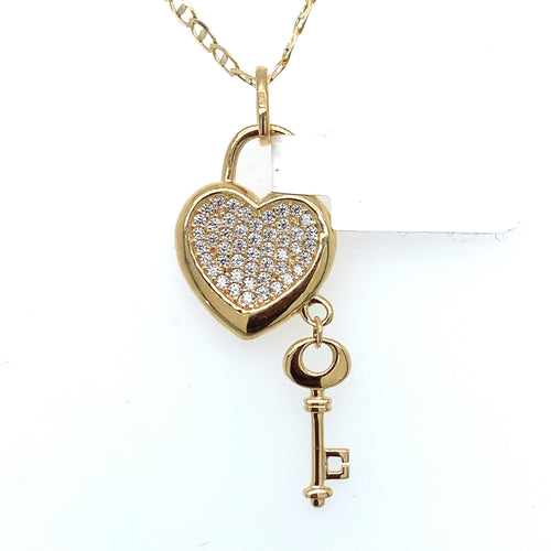 14K Gold Heart and Key Cz Pendant
