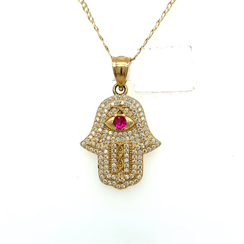 14K Gold Hamsa Red Evil Eye Pendant