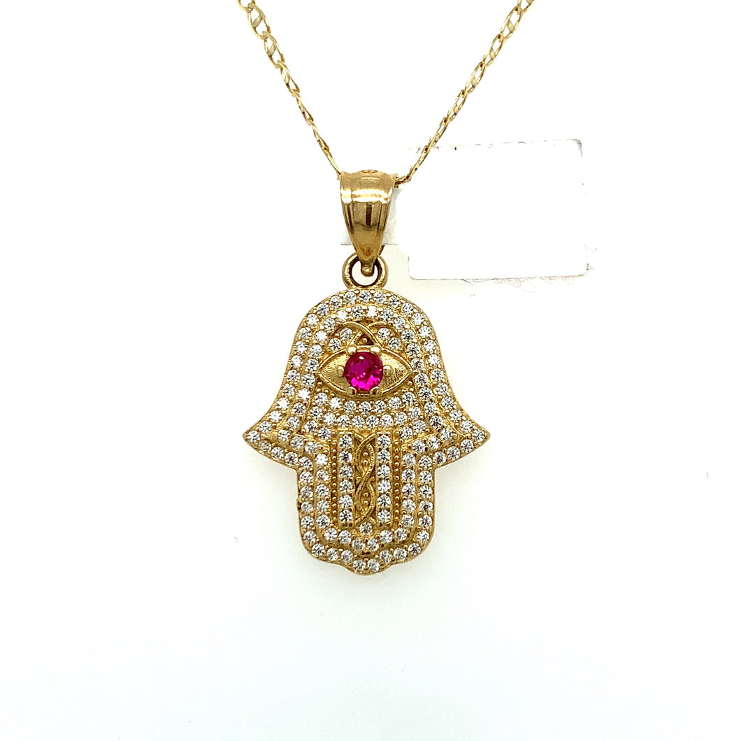 14K Gold Hamsa Red Evil Eye Pendant