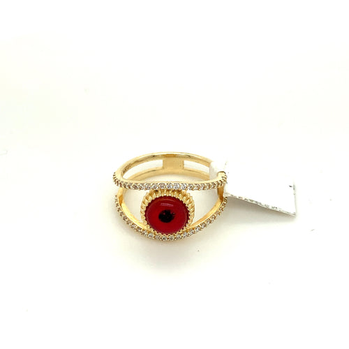 14K Gold Red Evil Eye Cz Ring