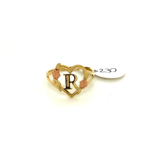 14K Gold Heart Letter R Ring