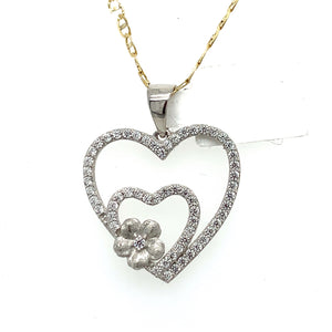14K White Gold Hearts and Flower Pendant