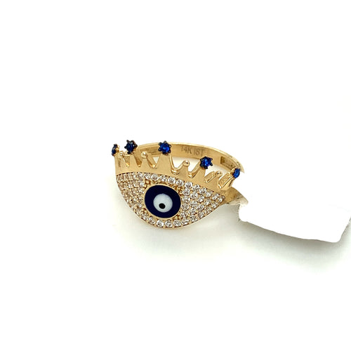 14K Gold Blue Evil Eye Crown Cz Ring