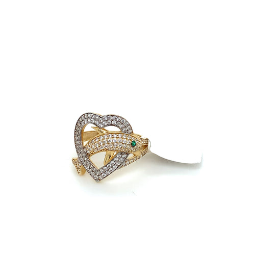 14K Gold Heart and Dolphin Cz Ring