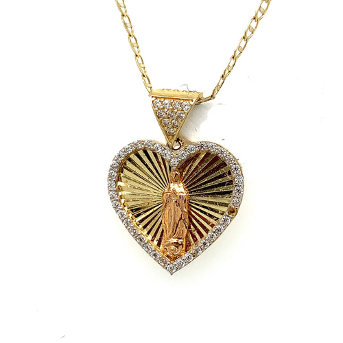 14K Gold Our Lady of Guadalupe Heart Cz Pendant