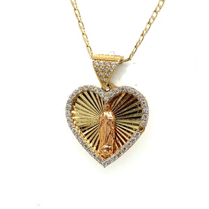 14K Gold Our Lady of Guadalupe Heart Cz Pendant