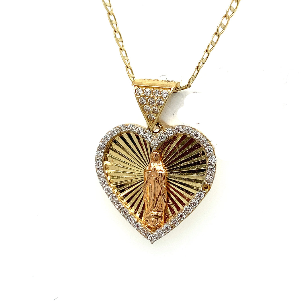 14K Gold Our Lady of Guadalupe Heart Cz Pendant