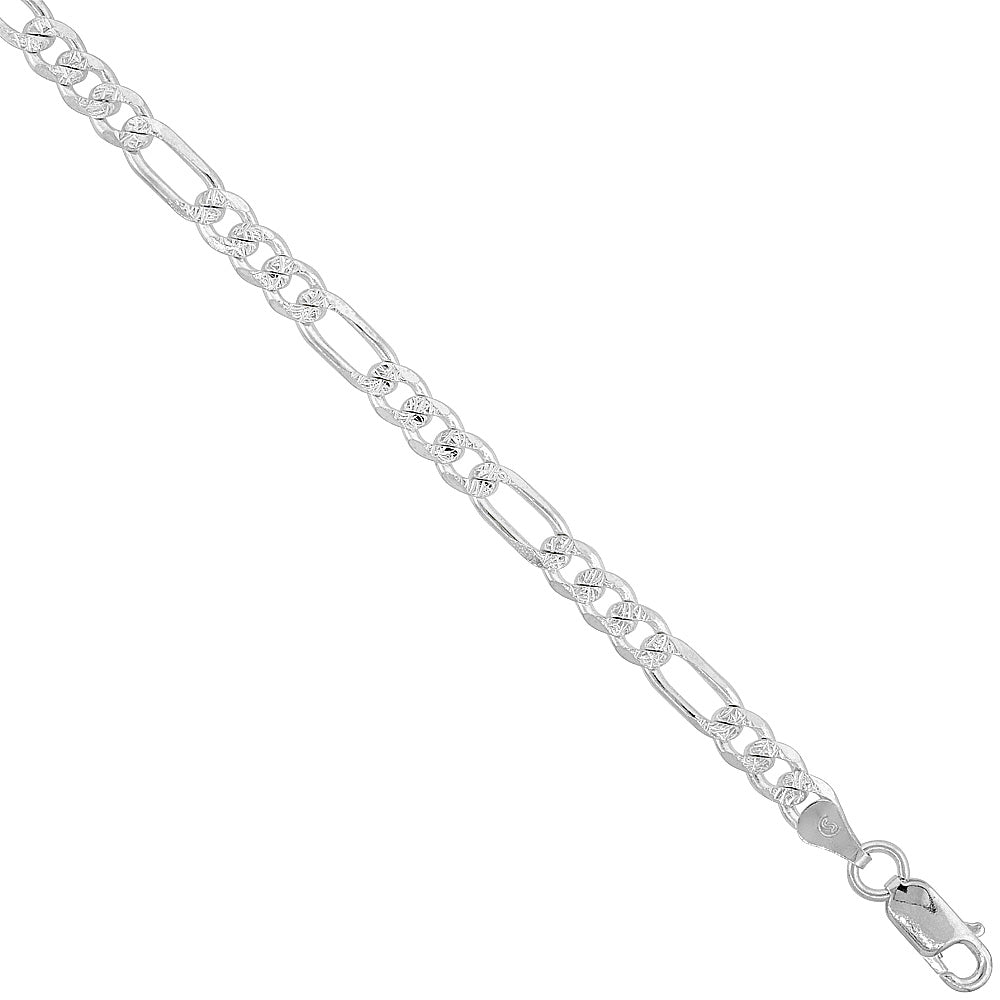 Sterling Silver Figaro Link Chain Necklace 5.5mm Pave Cut Beveled Nickel Free Italy.