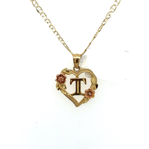 14K Gold Letter T Heart Pendant