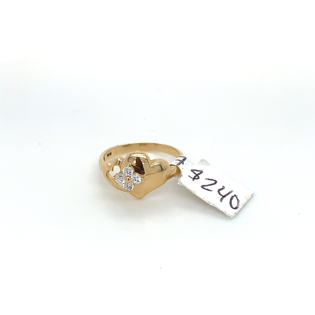 14K Gold Heart and Flower Cz Ring