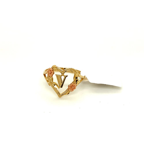 14K Gold Heart Letter V Ring