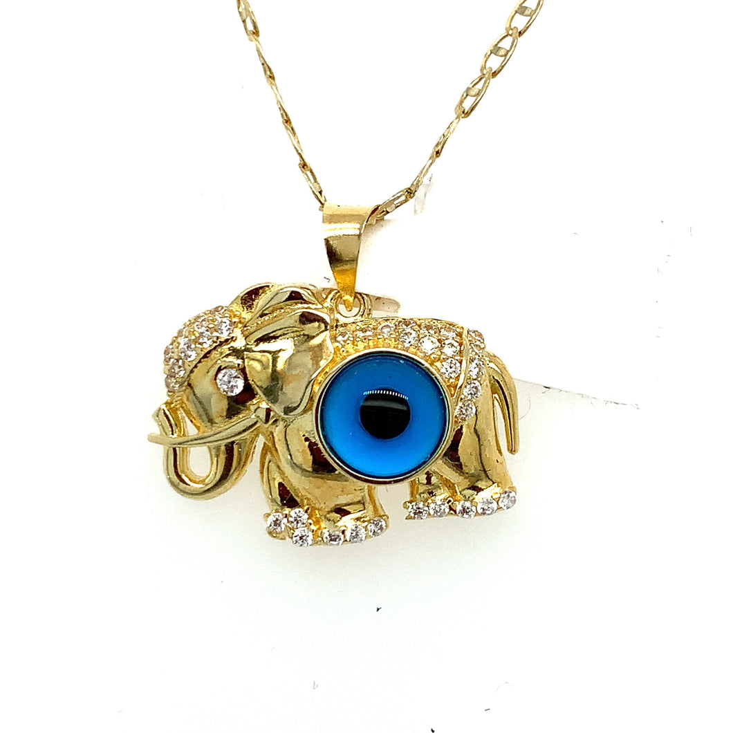 14K Gold Elephant Blue Evil Eye Pendant
