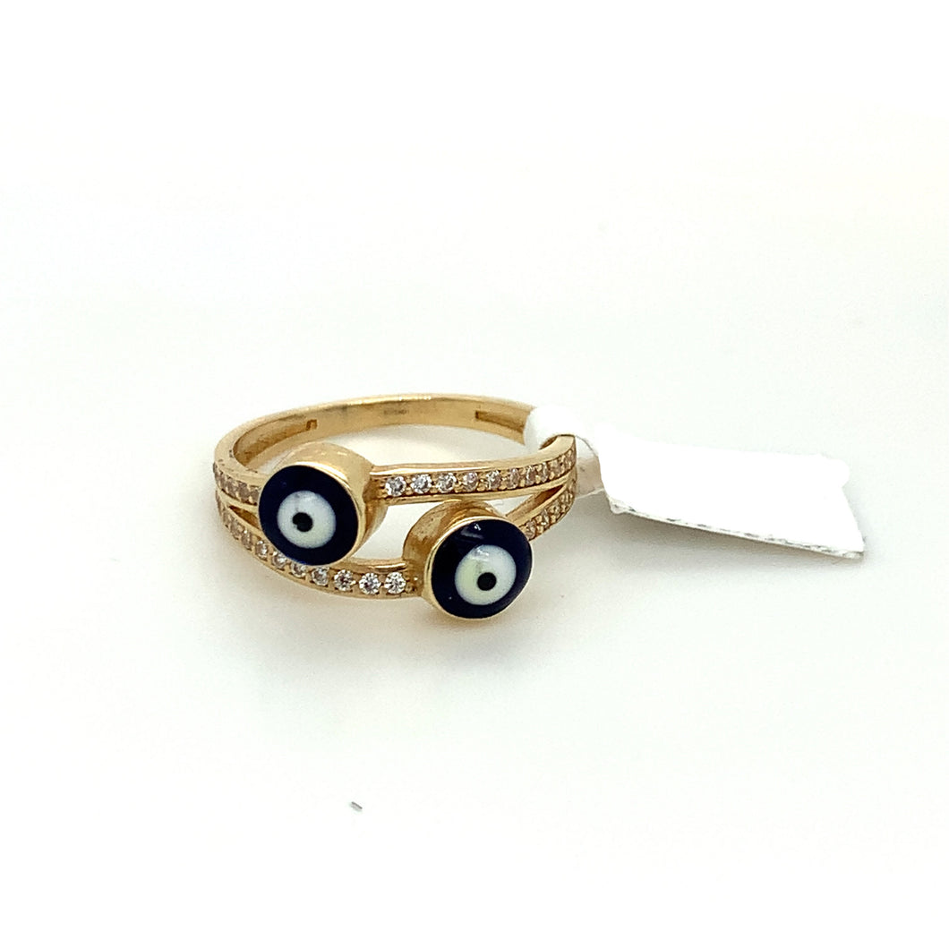 14K Gold Two Blue Evil Eye Cz Ring