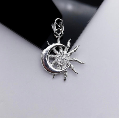 Sterling Silver Pendant Moon and Sun Cz