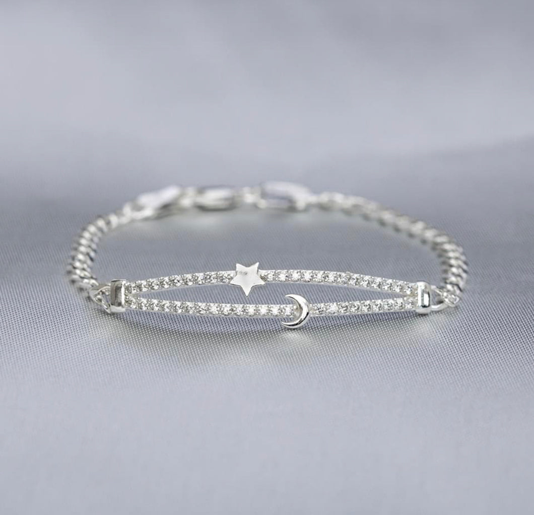 Sterling Silver Bracelet Moon and Star Cz
