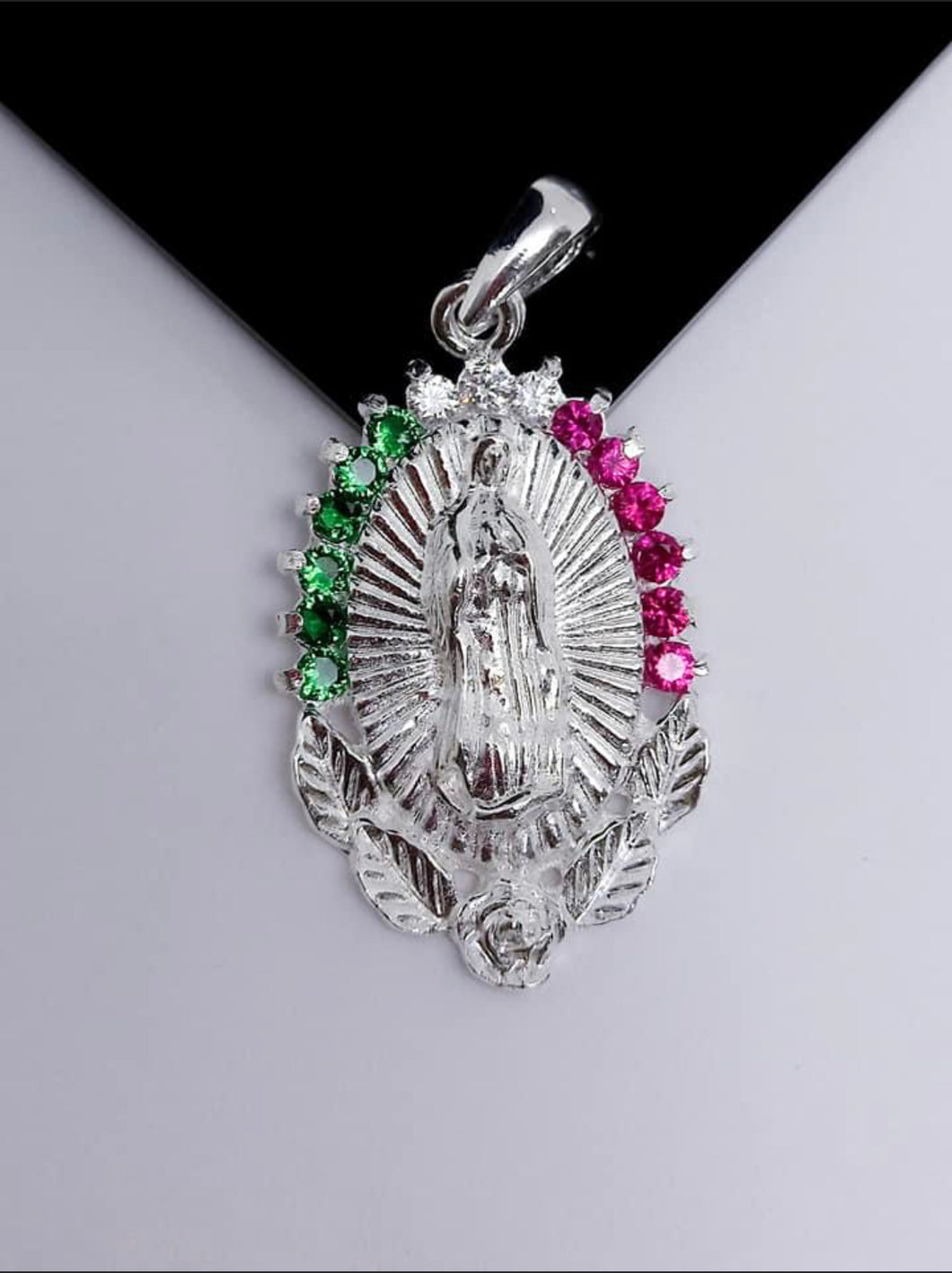 Sterling Silver Pendant  Our Lady of Guadalupe Virgin Mary with Cz