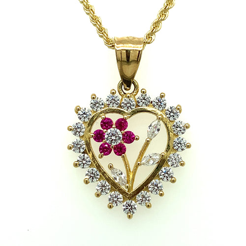 10K Gold Heart Flower Cz Pendant