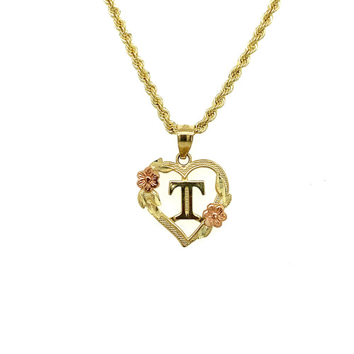 10K Gold Letter T Heart Flower Pendant